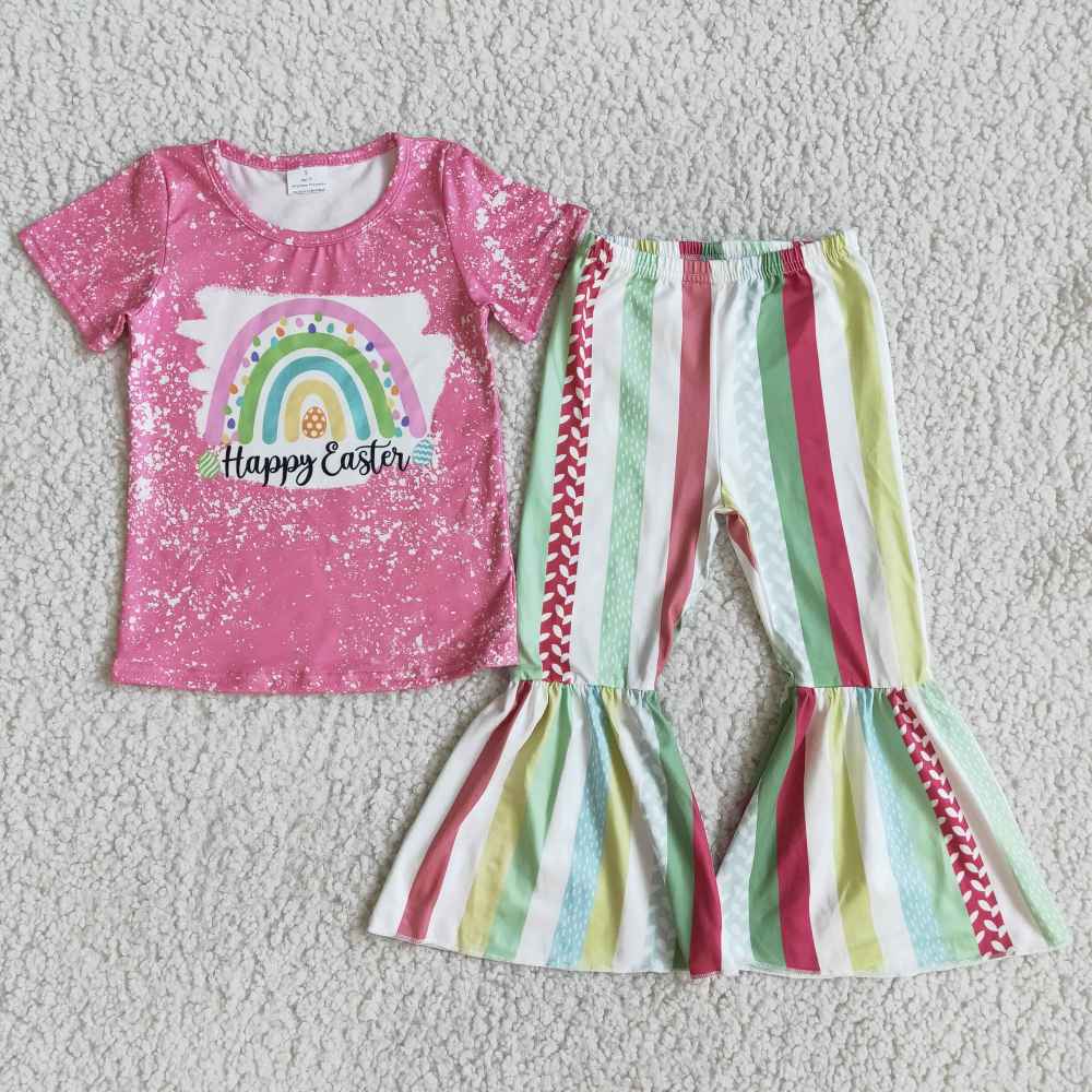 D5-19 Rose red short-sleeved striped bell-bottom pants