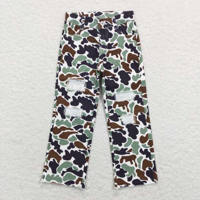 P0413 Brown and green camouflage ripped denim jeans