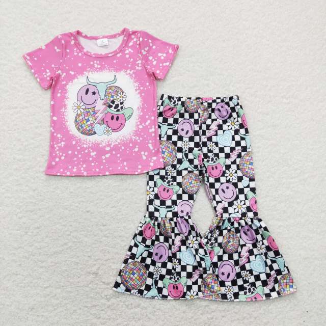 GSPO1290 disco light ball smiley face lightning love flower pink short sleeve black and white plaid pants suit