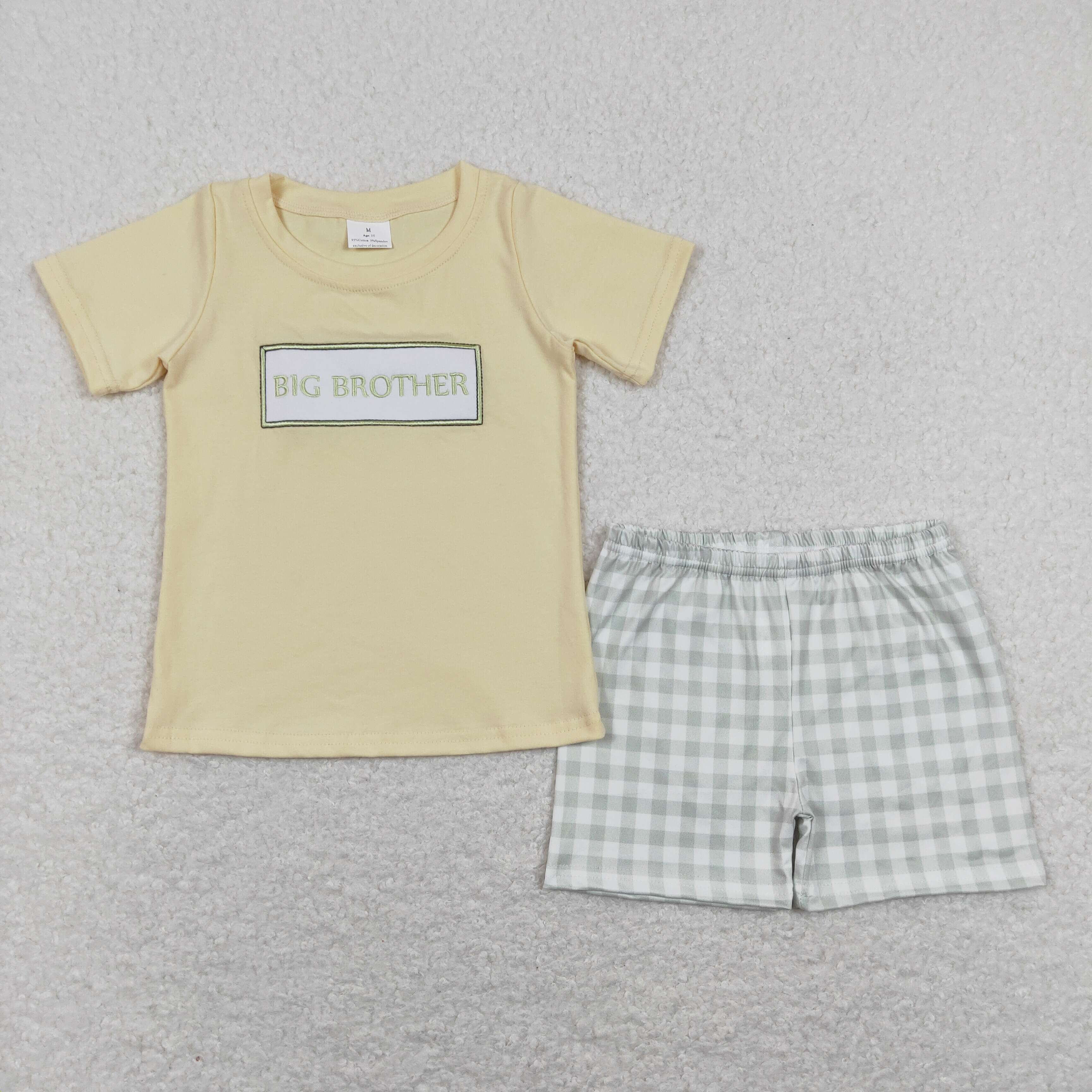 BSSO0403 big brother embroidered letters yellow short-sleeved green plaid shorts suit