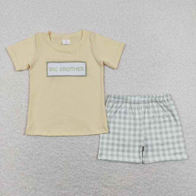 BSSO0403 big brother embroidered letters yellow short-sleeved green plaid shorts suit