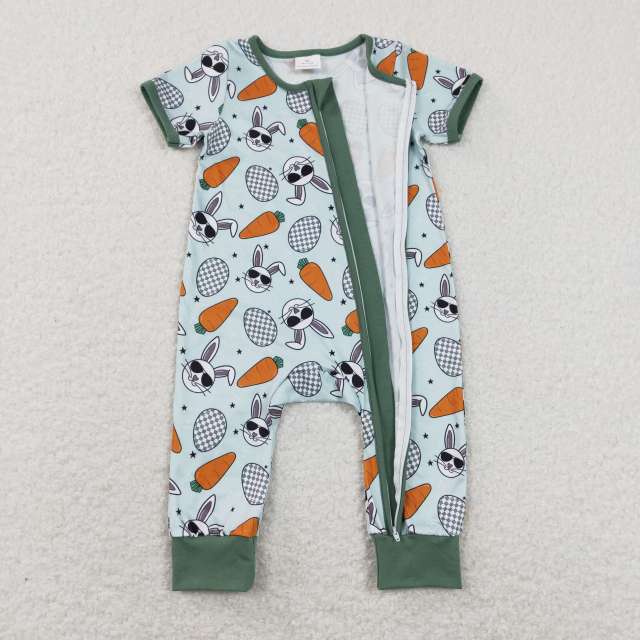 SR1014 Rabbit Easter Egg Carrot Green Zip Short Sleeve Jumpsuit