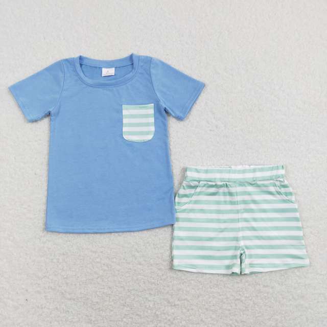 BSSO0366 Green and white striped pocket blue short-sleeved shorts suit
