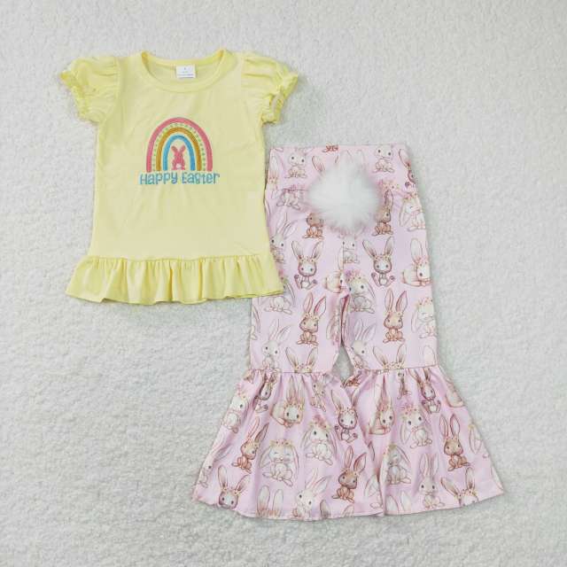 GT0392 +P0387 happy easter embroidered letter bunny rainbow yellow lantern sleeve short sleeve top pants 2 pics suit