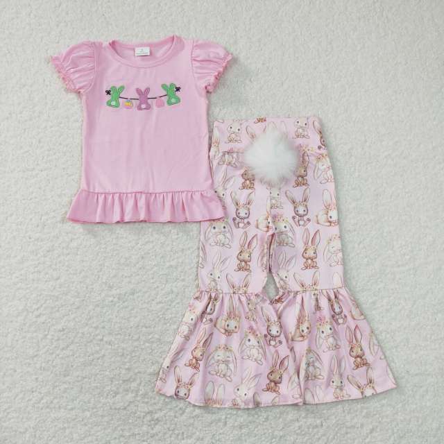 GT0391 +P0387 Embroidery Easter Egg Rabbit Pink Lantern Sleeve Short Sleeve Top pants 2 pics suit
