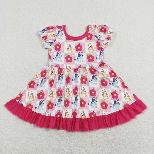 GSD0740 bluey flower pink and white plaid rose red lace short-sleeved dress