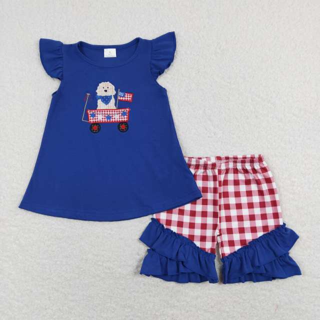 GSSO0460 Embroidery stars and flags puppy stroller blue flying sleeves lace red and white plaid shorts set