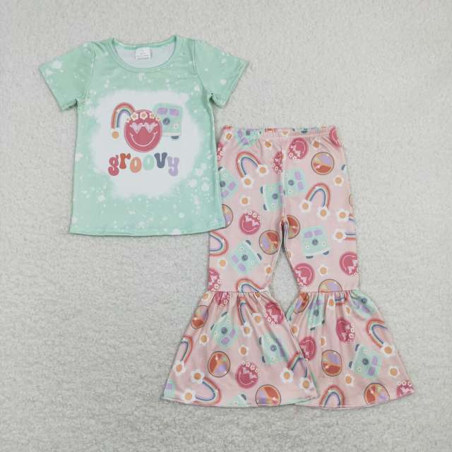 GSPO1254 rainbow smiley flower bus pink green short-sleeved pants suit