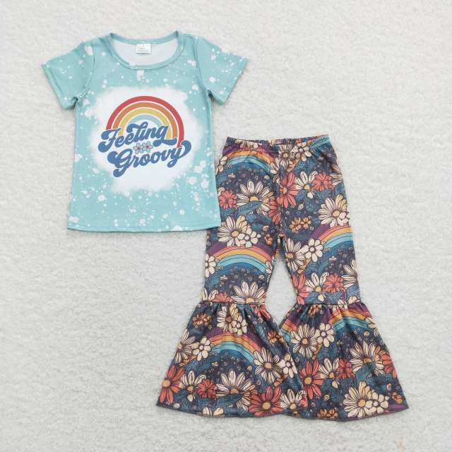 GSPO1270 feeling groovy rainbow flower blue short sleeve pants set