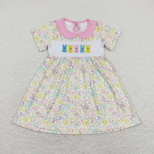GSD0649 Embroidered colorful bunny flower floral pink baby doll collar short-sleeved dress