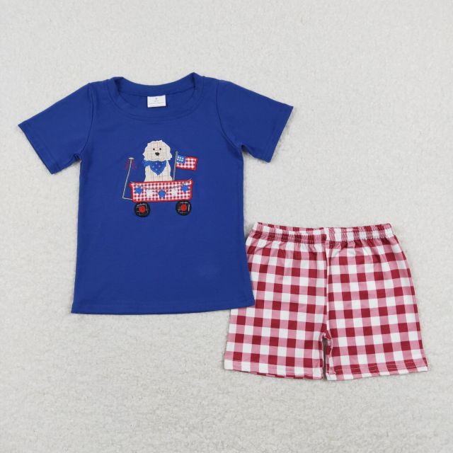 BSSO0423 Embroidered stars and flags puppy stroller blue short-sleeved red and white plaid shorts suit