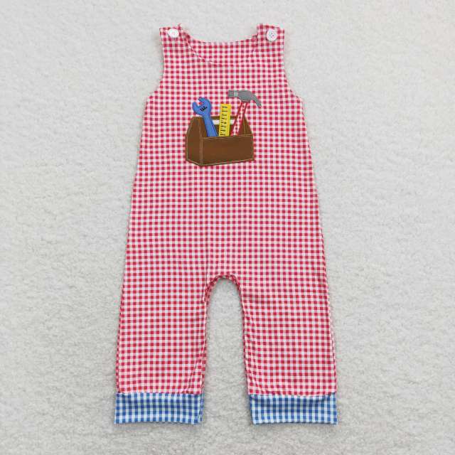 SR0822 Embroidery Hammer Tool Red and White Plaid Sleeveless Jumpsuit
