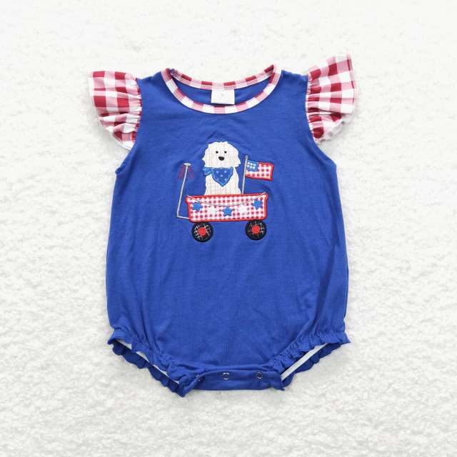 SR0748 Embroidery stars and flags puppy stroller red and white plaid lace blue vest jumpsuit