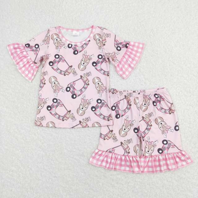 GSSO0401 Fawn camouflage car pink and white plaid lace pink short-sleeved shorts suit
