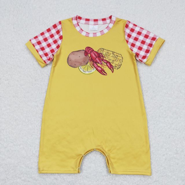 SR0770  Potato, crayfish, corn, red, white, plaid and yellow short-sleeved jumpsuit