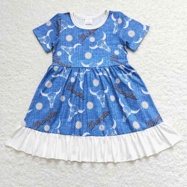 GSD0756 Alpine cow head flower blue and white lace short-sleeved dress