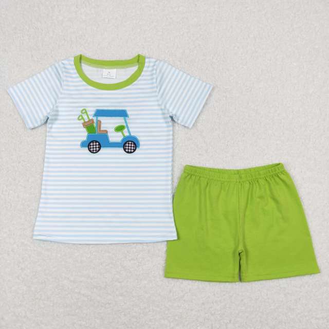 BSSO0394 Embroidered Golf Sightseeing Car Blue and White Striped Short Sleeve Green Shorts Suit