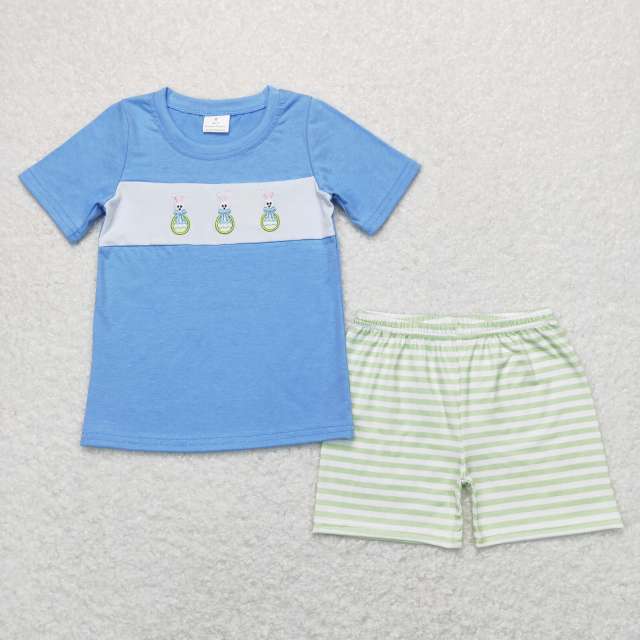 BSSO0398 Embroidered bow Easter egg rabbit blue short sleeve green and white stripes shorts suit