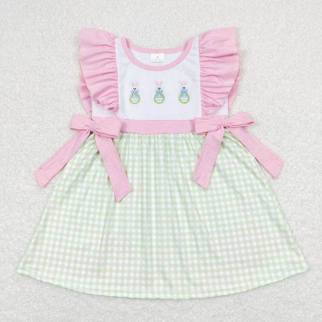 GSD0601 Embroidered bow Easter egg rabbit green and white plaid pink lace bow flying sleeve dress