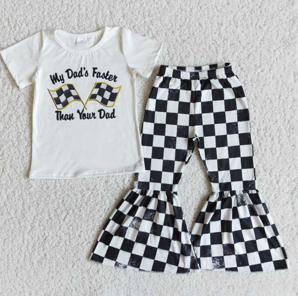 E8-29 my dad faster white short sleeve top black and white plaid bell bottoms