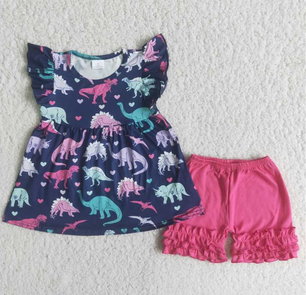 A13-16 Dinosaur flying sleeve top lace shorts