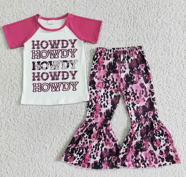 GSPO0018Howdy pink short-sleeved cow pattern bell pants