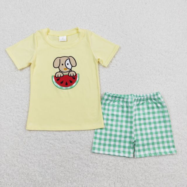 BSSO0446 Embroidery Watermelon puppy yellow green and white plaid short-sleeved shorts suit