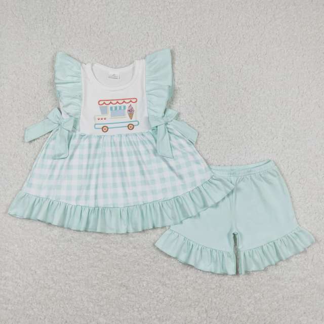 GSSO0554 Ice cream truck plaid teal lace bow sleeveless shorts suit