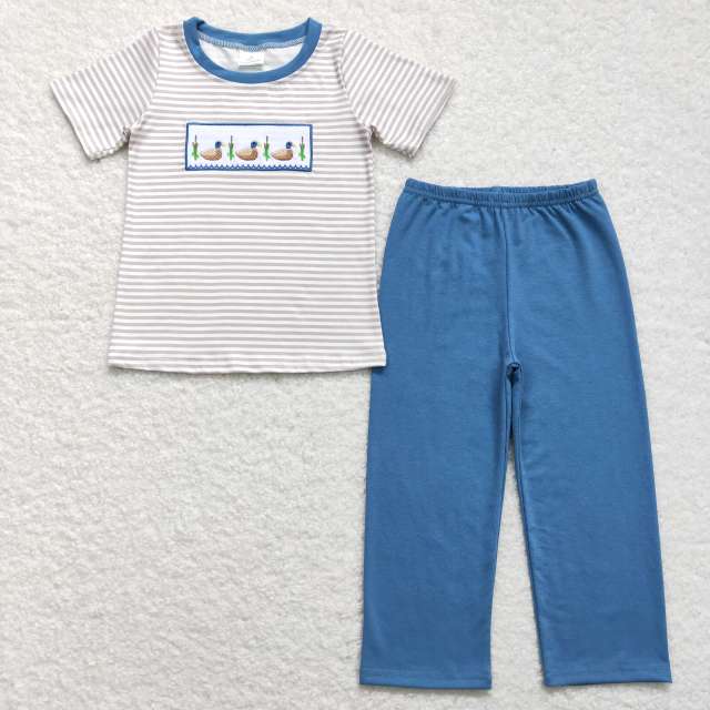 BSPO0305 Embroidered duck stripe short-sleeved blue pants suit