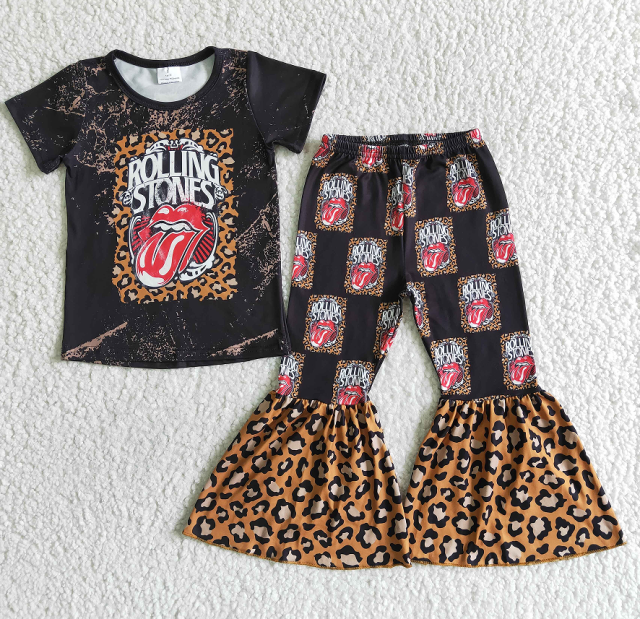 GSPO0012 rolling stones leopard print red lip short-sleeved bell pants suit