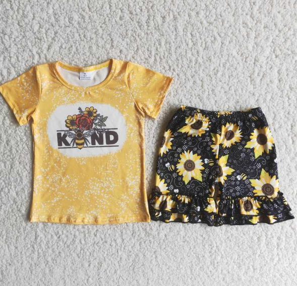 B5-2 KND Bee Yellow Short Sleeve Sunflower Shorts Set