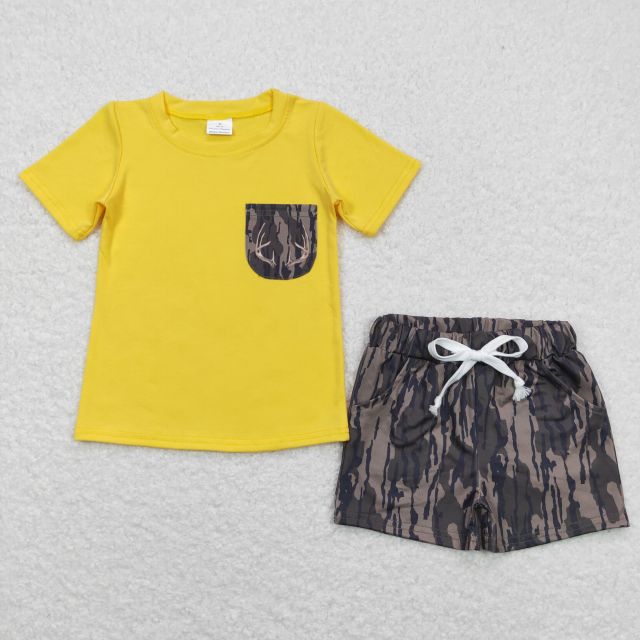 BT0604 +SS0201  Antler Camouflage Pocket Beige Short Sleeve Top camouflage shorts