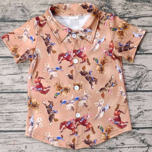 BT0525 Riding brown button-down short-sleeved top