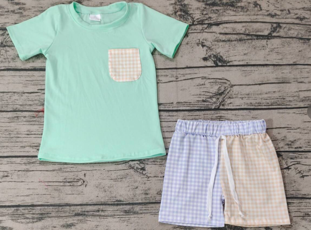 BSSO0680 pre-order Pocket blue-green short-sleeved blue-yellow plaid shorts suit（3/6m-7/8t）