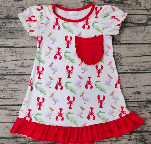 GSD0869 Crocodile Crayfish Red and White Short Sleeve Dress