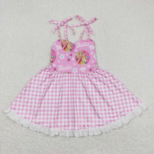 GSD0526 barbie lipstick diamond lace pink plaid suspender dress