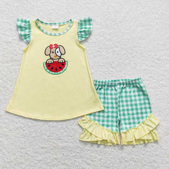 GSSO0483 Embroidery Watermelon Puppy Yellow Green and White Plaid Flying Sleeve Shorts Suit