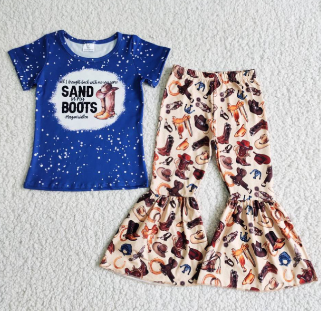 B8-30Boots blue short-sleeved bell pants suit