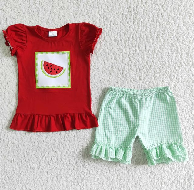 A14-15   Watermelon Red Short Sleeve Green Pants