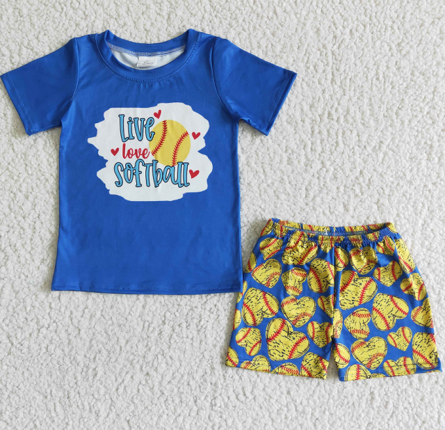 BSSO0020  Boys Blue Baseball Heart Yellow Short Sleeve Shorts Set