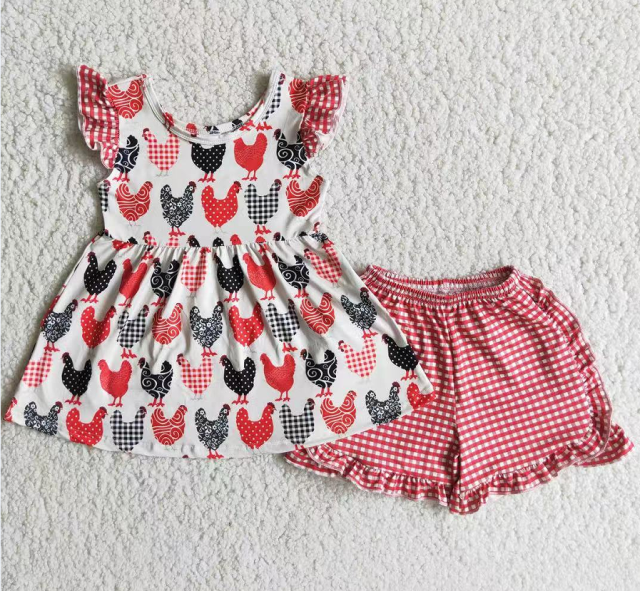 A3-22 Red plaid shorts with rooster pattern