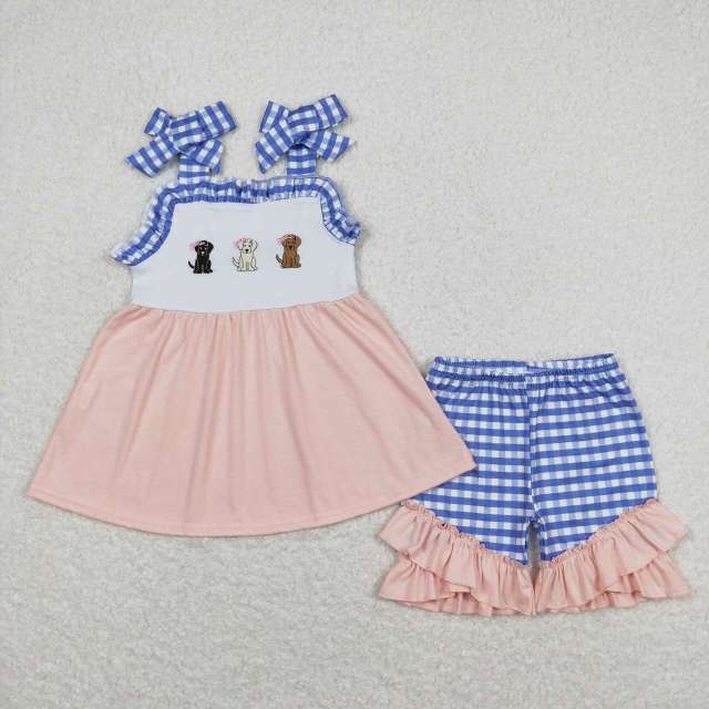 GSSO0630 Embroidery three bow puppies blue and white plaid pink suspender shorts set