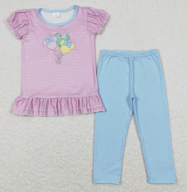 GSPO1104Embroidered Bow Mickey Balloon Pink Striped Short Sleeve Blue Pants Suit