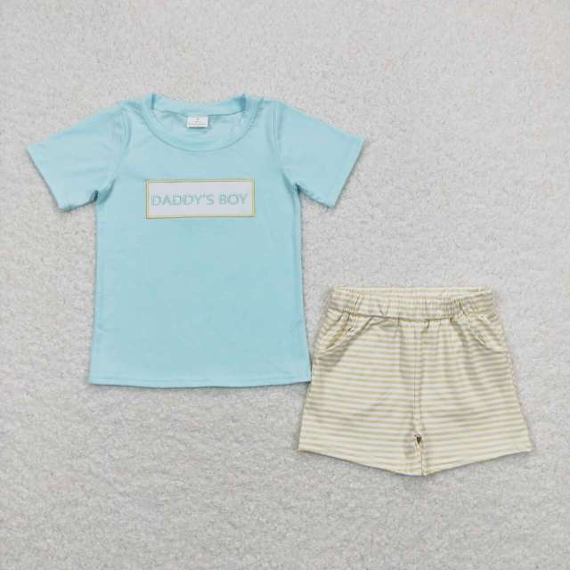 BSSO0522 daddy's boy blue short sleeve yellow striped shorts suit with embroidered letters set