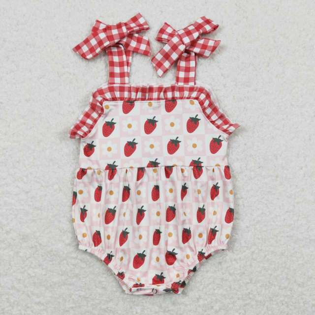 SR0978 Flower Strawberry Red Plaid Lace Beige Camisole romper