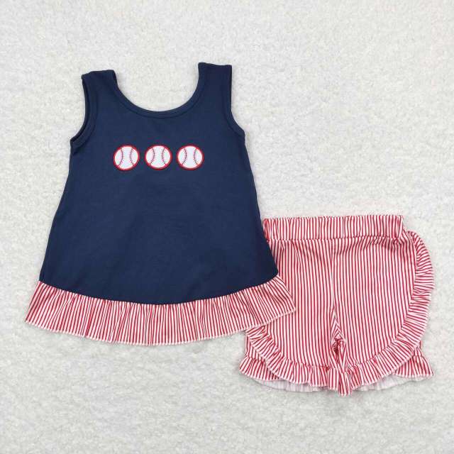 GSSO0405 Embroidered baseball navy blue sleeveless red and white striped shorts set