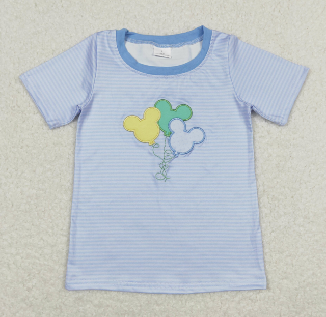 BT0482 Embroidered Mickey Balloon Blue Striped Short Sleeve Top