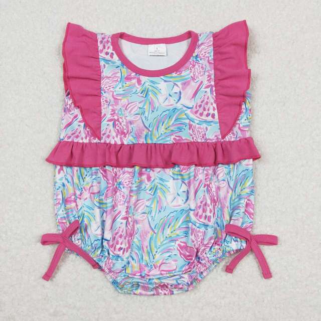 SR1035 Pattern flower rose pink blue tank romper