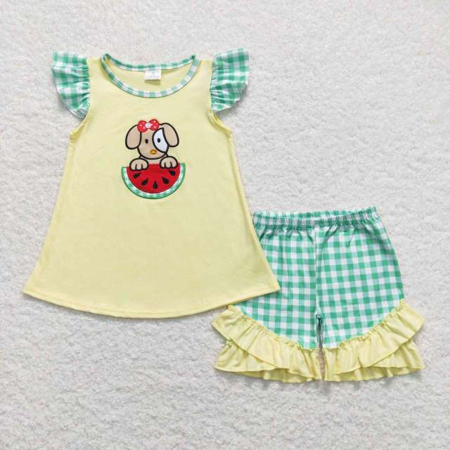GSSO0483 Embroidery Watermelon Puppy Yellow Green and White Plaid Flying Sleeve Shorts Suit