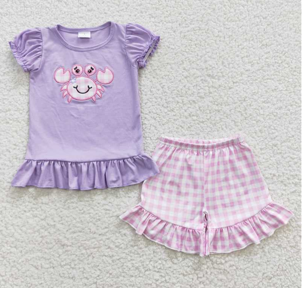 GSSO0135 Girls Embroidered Pink Crab Purple Short Sleeve Shorts Set